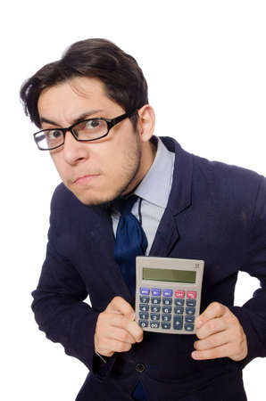 Funny man with calculator isolated on whiteの写真素材