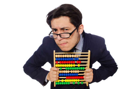 Funny businessman with abacus isolated on the whiteの写真素材
