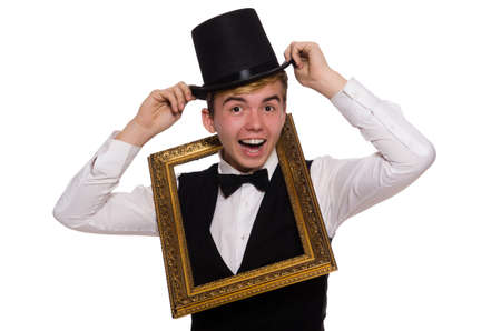 Young gentleman holding frame isolated on whiteの写真素材