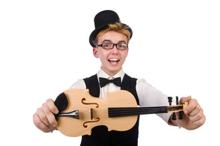 Funny  violin player isolated on whiteの写真素材