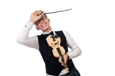 Funny  violin player isolated on whiteの写真素材
