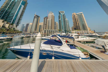 Dubai - AUGUST 9, 2014: Dubai Marina district on August 9 in UAE. Dubai is fastly developing city in Middle Eastのeditorial素材