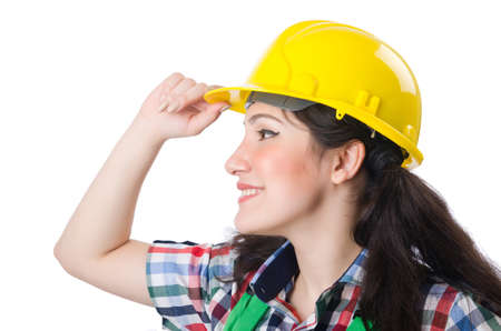 Female workman in green overalls isolated on whiteの写真素材