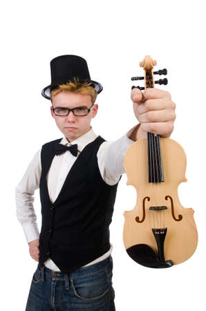 Funny  violin player isolated on whiteの写真素材