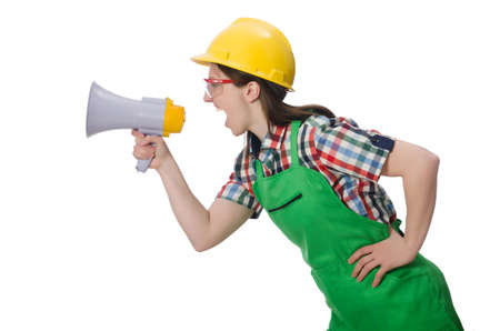 Woman wearing hard hat with loudspeakerの写真素材