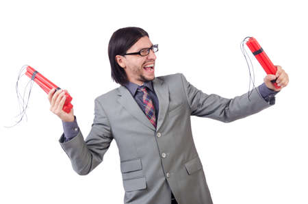 Young businessman holding dynamite isolated on white