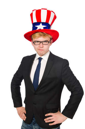 Businessman  with american hat isolated on whiteの写真素材