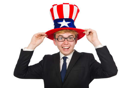 Businessman  with american hat isolated on whiteの写真素材