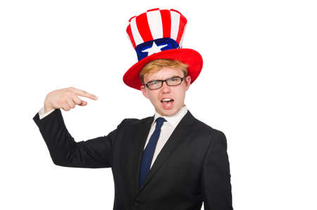 Businessman  with american hat isolated on whiteの写真素材