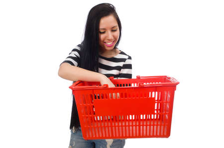 Woman with shopping cart isolated on whiteの写真素材