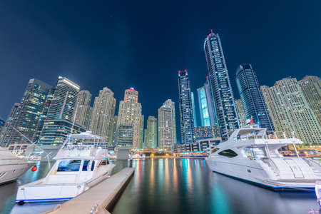 Dubai - AUGUST 9, 2014: Dubai Marina district on August 9 in UAE. Dubai is fastly developing city in Middle Eastのeditorial素材