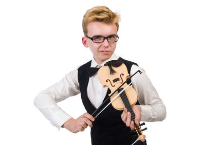 Funny  violin player isolated on whiteの写真素材