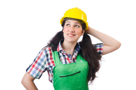 Female workman in green overalls isolated on whiteの写真素材