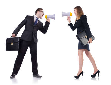 Businessman and businesswoman with megaphone isolated on whiteの写真素材
