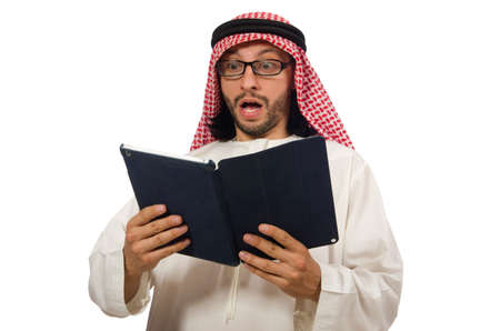 Arab man with book isolated on whiteの写真素材