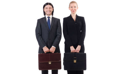 Businessman and businesswoman with briefcases isolated on whiteの写真素材