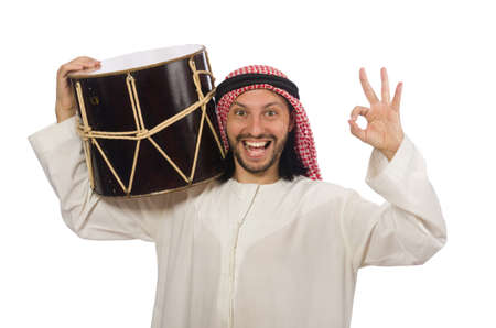 Arab man playing drum isolated on whiteの写真素材