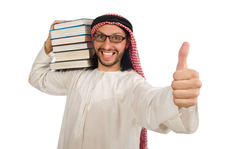 Arab man with books isolated on whiteの写真素材