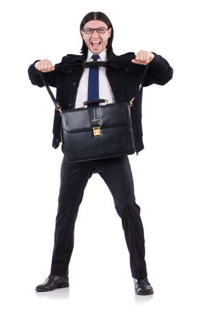 Young businessman holding briefcase isolated on whiteの写真素材
