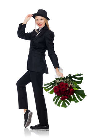 Woman with bunch of roses isolated on whiteの写真素材