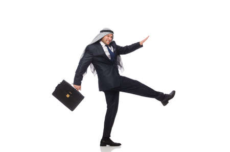 Arab businessman rushing isolated on whiteの写真素材