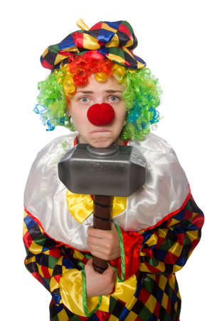 Clown with hammer isolated on whiteの写真素材