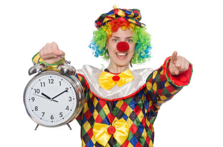 Clown with clock isolated on whiteの写真素材