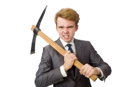 Young businessman with weapon isolated on whiteの写真素材