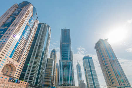 Dubai - AUGUST 9, 2014: Dubai Marina district on August 9 in UAE. Dubai is fastly developing city in Middle Eastのeditorial素材
