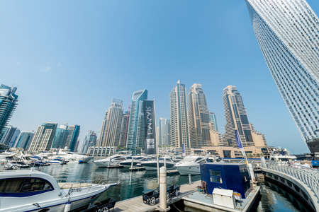Dubai - AUGUST 9, 2014: Dubai Marina district on August 9 in UAE. Dubai is fastly developing city in Middle Eastのeditorial素材