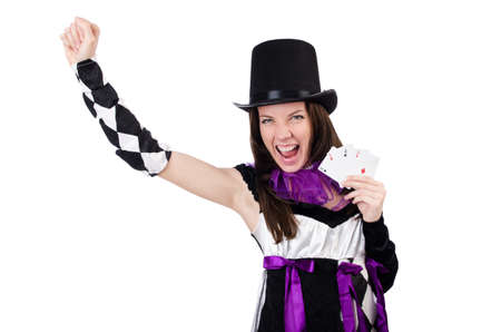 Pretty girl in jester costume with cards isolated on whiteの写真素材