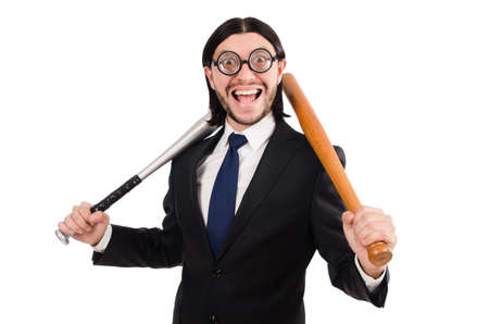 Young elegant man in black suit holding bat isolated on whiteの写真素材
