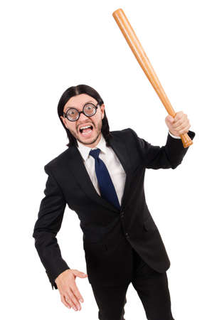 Young elegant man in black suit holding bat isolated on whiteの写真素材