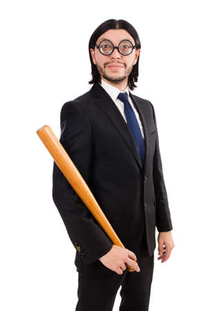 Young elegant man in black suit holding bat isolated on whiteの写真素材