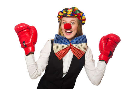 Pretty female clown with box gloves isolated on whiteの写真素材