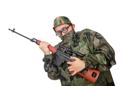 Military man with a gun isolated on whiteの写真素材