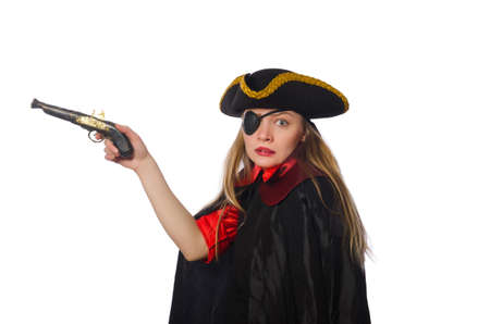 Pretty girl in carnival clothing with hand gun isolated on whiteの写真素材