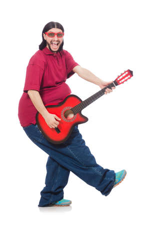 Fat man with guitar isolated on whiteの写真素材