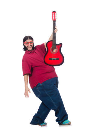 Fat man with guitar isolated on whiteの写真素材