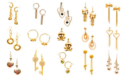 Set of various earrings isolated on whiteの写真素材