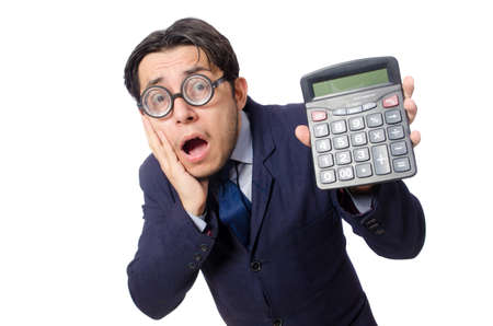Funny man with calculator isolated on whiteの写真素材