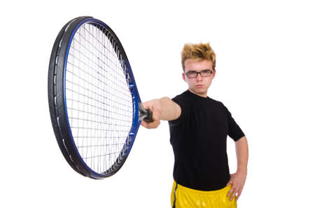 Funny tennis player isolated on whiteの写真素材