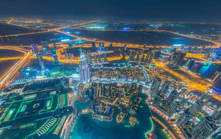 Panorama of night Dubai during sunsetの写真素材