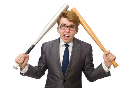 Young businessman with baseball bat isolated on whiteの写真素材