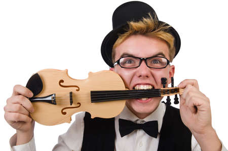 Funny  violin player isolated on whiteの写真素材