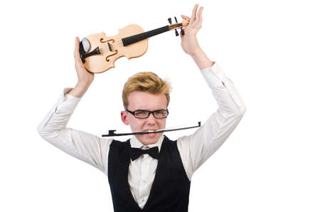 Funny  violin player isolated on whiteの写真素材
