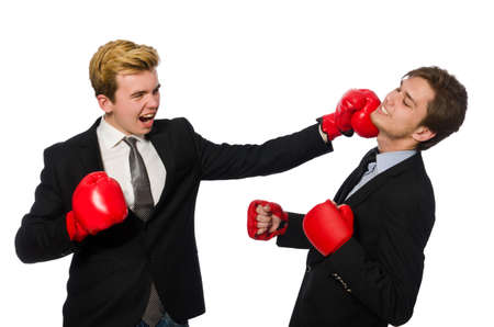 Pair of businessmen boxing on whiteの写真素材