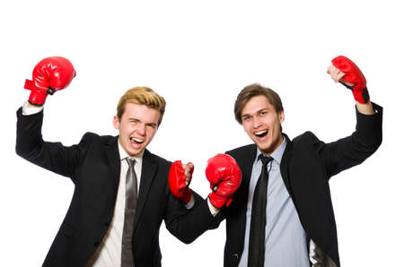 Pair of businessmen boxing on whiteの写真素材
