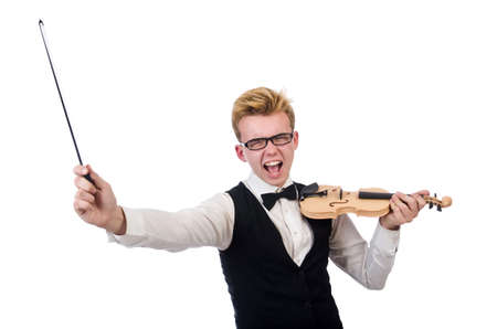Funny  violin player isolated on whiteの写真素材