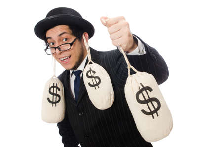 Young employee holding money bags isolated on whiteの写真素材